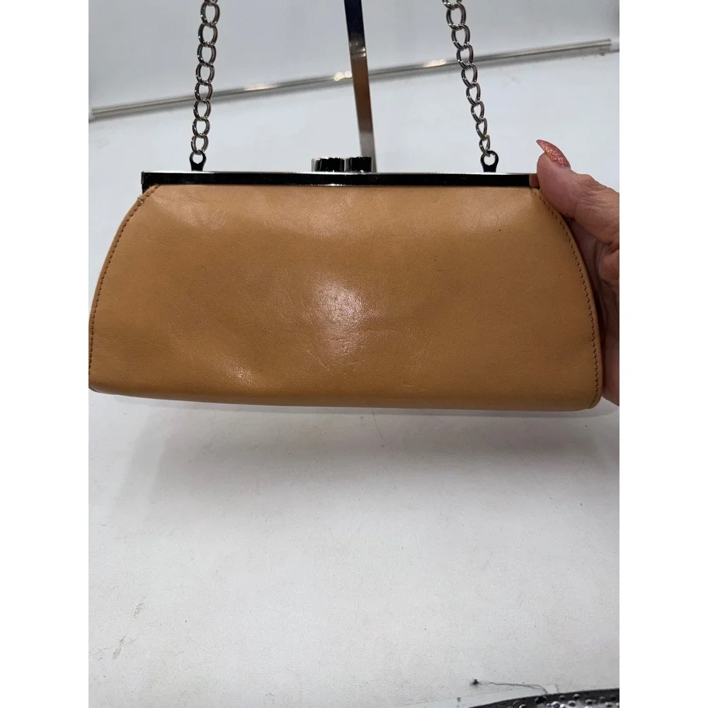 Monsac Vintage Tan Leather Kiss Lock Clutch Bag Silver Chain Strap Evening Purse